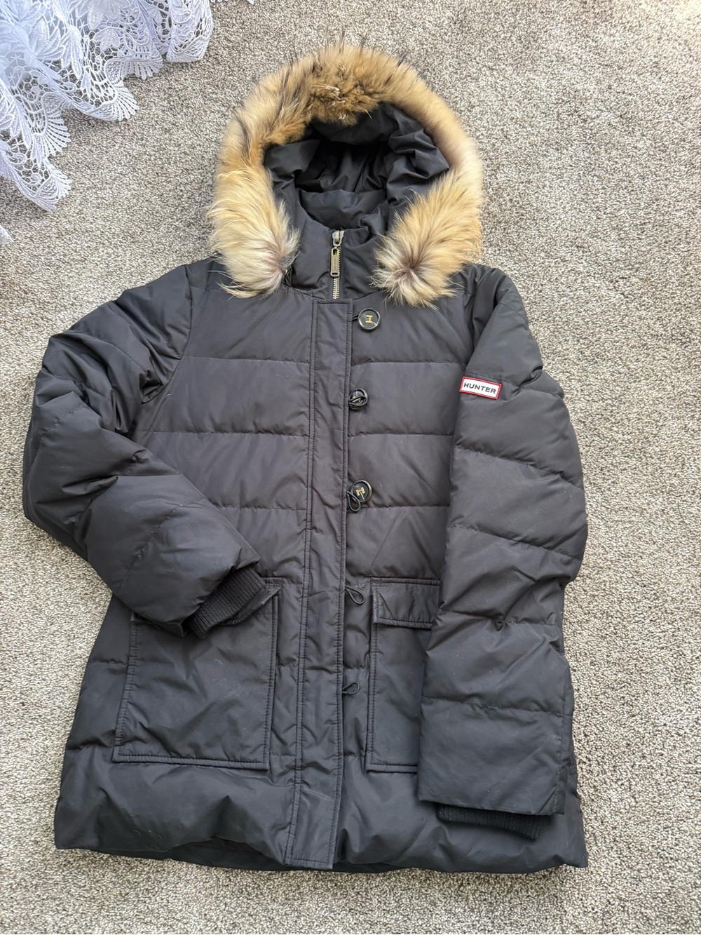 Hunter Black Puffer Coat with Faux Fur Trim Hood
